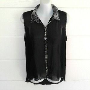 Mine Black Sheer Top Sleeveless Button Front Blouse Casual Lightweight Medium M